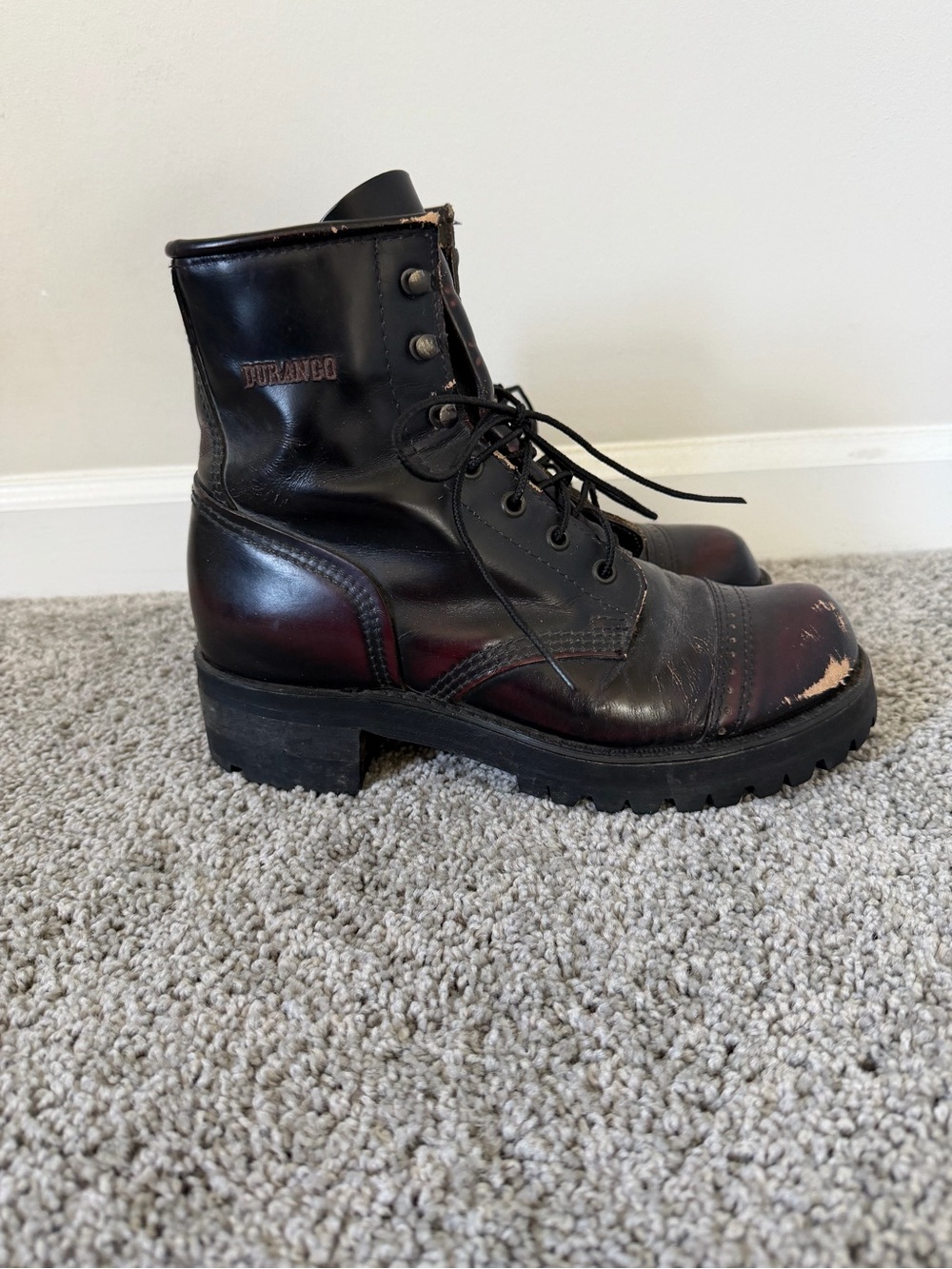 Women's Durango Steel Toe Leather Work Boots Dark Brown Burgundy Accent Size 9